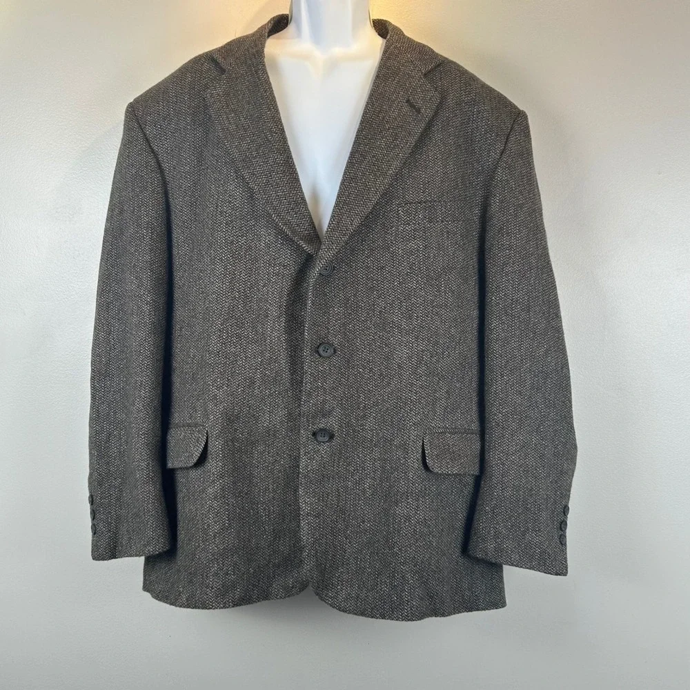 Stafford VTG Mens 50R Herringbone Tweed Blazer Lambswool Elbow Patches Brown USA
